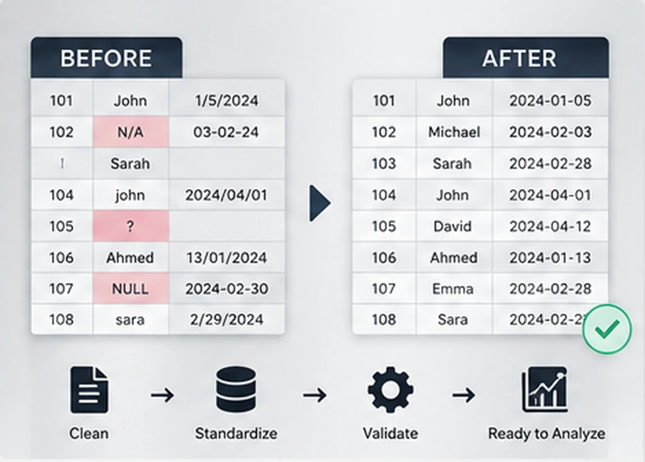 Before-and-after datasets with messy values corrected, standardised dates, and a validated table