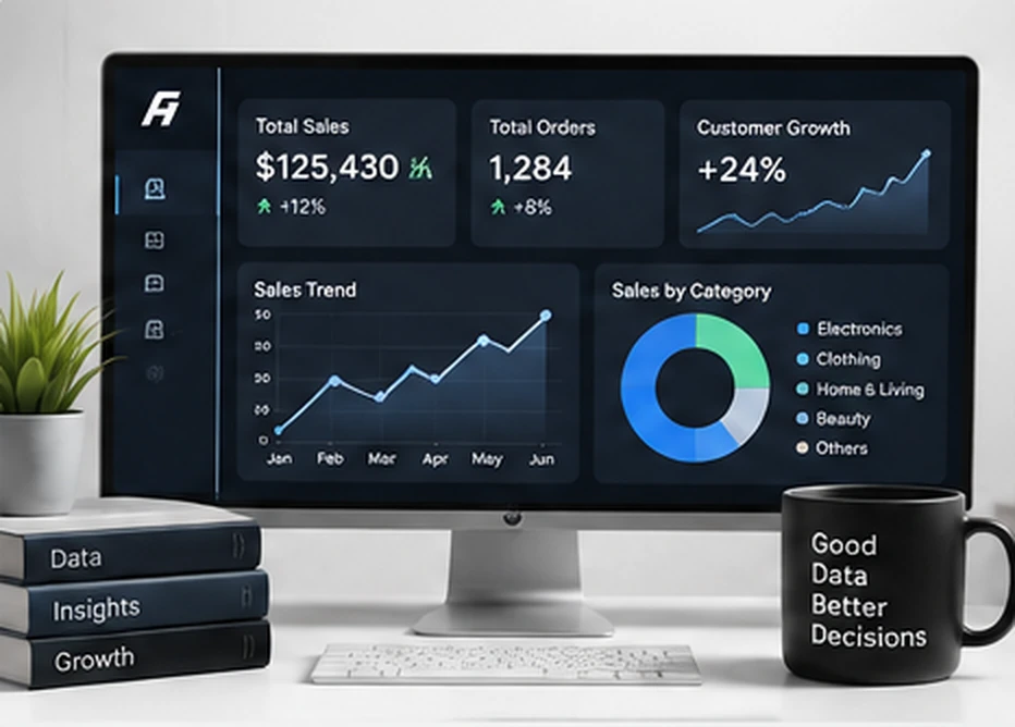 Realistic dashboard workspace showing KPI cards, a line chart, and a sales breakdown