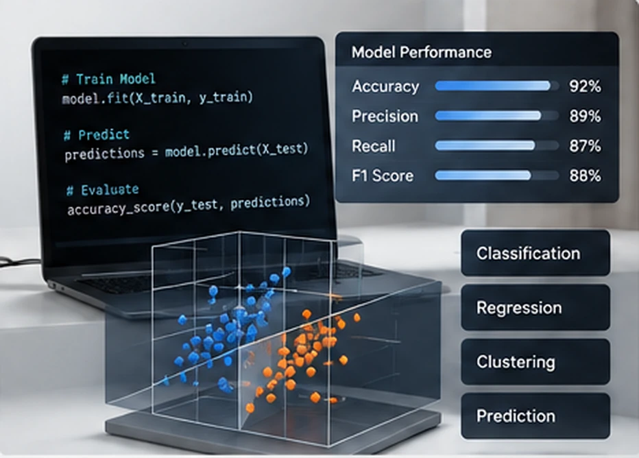 Machine learning workspace with a model training notebook, evaluation metrics, and classification visualisation